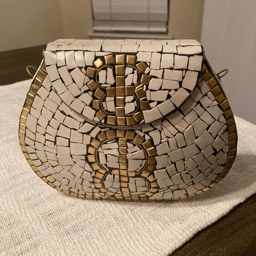 Ramla new handmade gold/cream mosaic purse/clutch